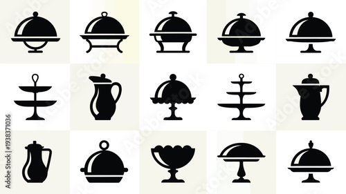 Black silhouettes of various serving dishes and teapots on a white background symbolizing fine dining and hospitality service
