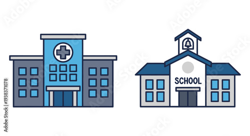School Buildings Cartoon Illustration Style.