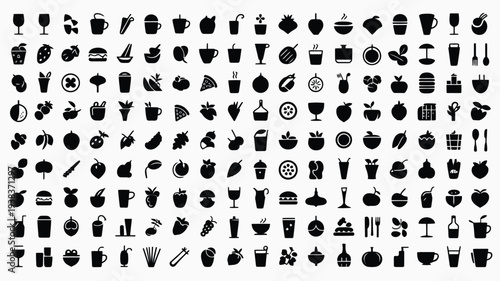 Collection of black food and drink icons on white background for design and culinary themes