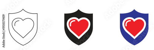 Set of shield icons with a heart symbol inside, representing protection, safety, love, security, and care in various styles including outline and solid color designs.
