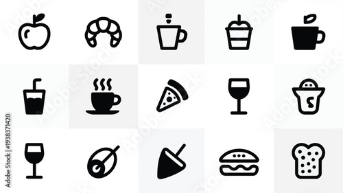 Food and drink icons including apple bagel coffee cake wine pizza ice cream and bread on white background