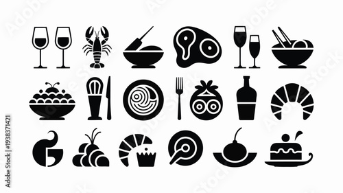 Restaurant icons set with food wine and dining utensils on white background symbolizing fine dining and culinary experience