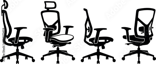 Ergonomic Office Chair Silhouettes Set, Adjustable Swivel Desk Chairs in Different Angles Vector Art