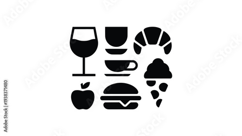 Food and drink icons including wine coffee croissant apple burger and ice cream on white background