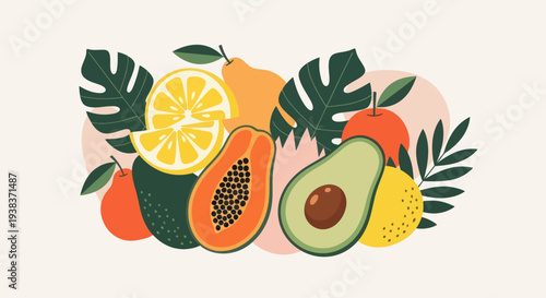 Fresh Tropical Fruits and Leaves Illustration.