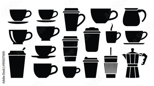 Collection of various coffee cups and mugs in black silhouette on white background for beverage or cafe concept
