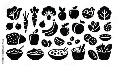 Variety of fresh fruits vegetables and healthy food bowls on white background for nutrition and diet concepts