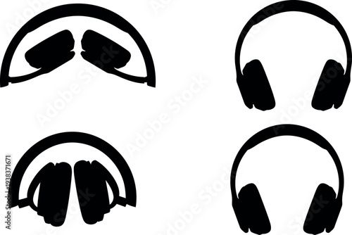 Set of four black headphone silhouettes, scalable vector art for music and audio design, eps file.