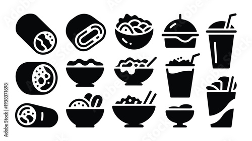 Collection of black food icons including sushi noodles burgers and drinks on white background for menu design