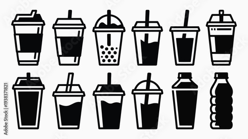 Collection of various drink cups and bottles including soda juice and coffee containers black icons on white background