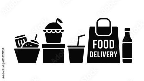 Food delivery icons including bag drink cupcake and takeout containers on white background for business or restaurant use