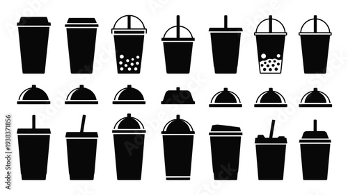 Collection of black silhouettes of various drink cups and lids with straws on a white background for beverage or food service industry use
