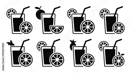 Eight black and white illustrations of drinks with straws and wheels on a white background