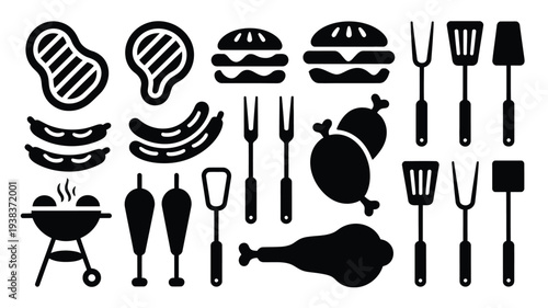 Black silhouettes of grilled food and barbecue utensils on white background for cooking and outdoor dining concepts
