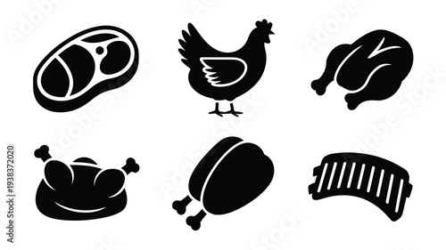 Various meat cuts and chicken icons in black silhouette on white background for food and cuisine concepts