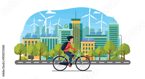 Person Cycling in Eco-Friendly City with Wind Turbines and Solar Panels