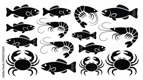 Black silhouettes of various seafood including fish shrimp and crabs on white background for culinary or ocean themed designs
