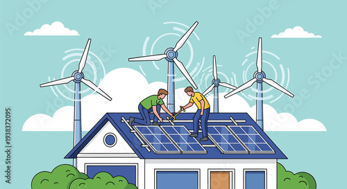 Workers Installing Solar Panels on Rooftop with Wind Turbines