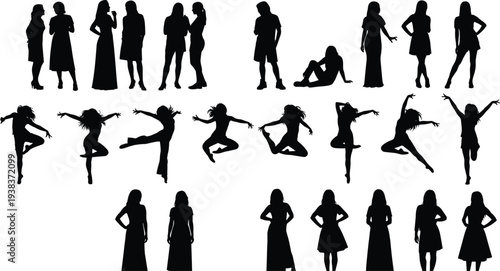 Women silhouettes mega collection, female standing dancing poses set, stylish girls characters isolated on white background lifestyle illustration pack