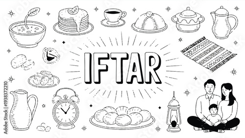 Iftar meal concept with food and family  breaking fast during Ramadan