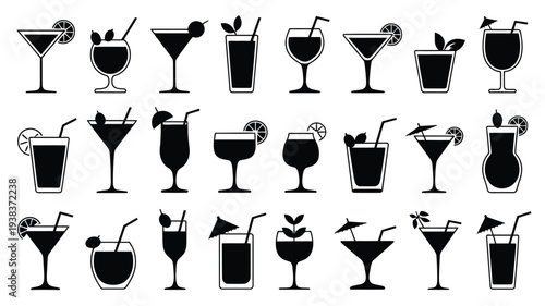 Collection of twenty assorted cocktail glasses and drinks in black silhouette on white background varying shapes and garnishes