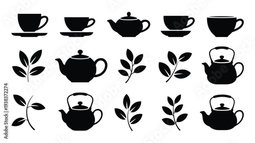 Black silhouettes of tea cups and teapots with leaves on white background for beverage or herbal concept