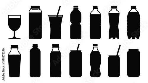 Collection of black silhouettes of various beverage bottles and glasses with straws on white background for design and decoration