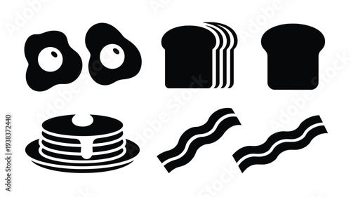 Black and white breakfast icons including eggs toast pancakes and bacon on a plain background