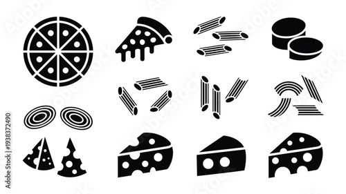 Collection of black and white pizza and cheese icons on white background for food and restaurant concepts