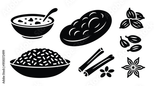 Black and white illustration of various food ingredients including a bowl of porridge plate of eggs bowl of beans coffee beans cinnamon sticks and star anise on a plain background