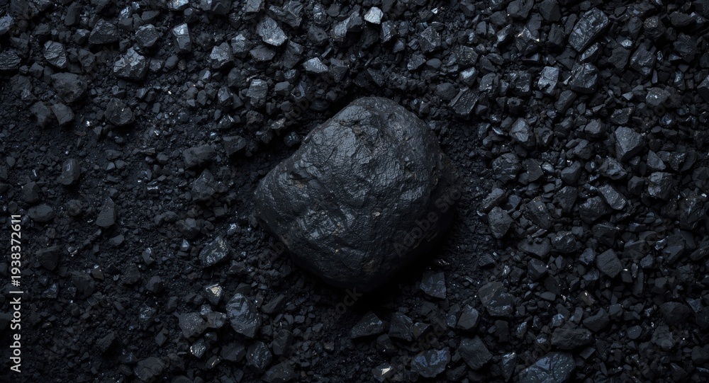Fototapeta premium Ample copy space on a dark industrial background filled with black coal and iron ore particles
