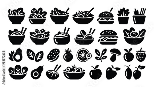Collection of black food icons including fruits bowls and meals on white background for design