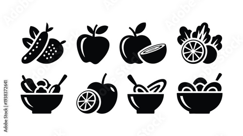 Black icons of various fruits and fruit bowls with spoons on white background for food and nutrition concepts
