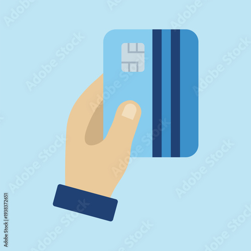 A flat design illustration depicts a hand holding a blue credit card with magnetic stripe high quality professional detailed modern elegant