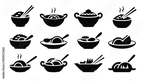 Collection of black and white asian noodle bowls with chopsticks and steam various food servings
