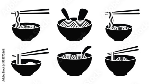 Six black and white illustrations of noodle bowls with chopsticks and spoons on a plain background