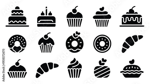 Collection of bakery icons including cakes cupcakes muffins donuts and croissants on white background