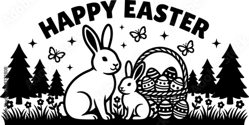 Happy Easter bunnies with basket eggs and pine trees silhouette