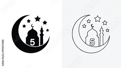 Islamic crescent moon and mosque icons with stars and number five