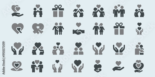 Collection of love and care icons representing relationships and gestures in simple illustrations
