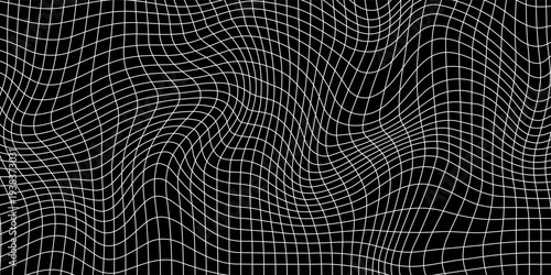 White grid distortion on black background. Waved mesh surface. Net with curvatured effect. Checkered pattern deformation. Bented lattice texture. Vector graphic illustration