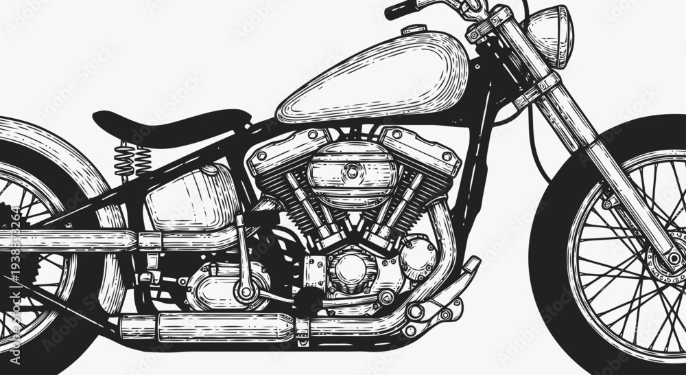 Fototapeta premium Detailed black and white illustration of a motorcycle from a side view, showcasing its engine and wheels