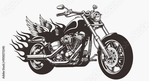 A black and white illustration of a motorcycle with wings and flames, viewed from the side