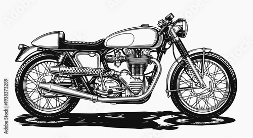 Vintage motorcycle illustration featuring classic design elements and detailed engine components in a simple yet elegant composition