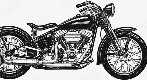 Vintage motorcycle illustration with chrome details viewed from the side showcasing the engine and wheels