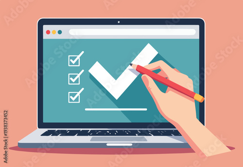 Finestra del browser dell'elenco di controllo. Segno di spunta. Segno di spunta bianco sullo schermo del laptop. Scelta, concetti di indagine. Elementi per banner web, siti web, vettoriale