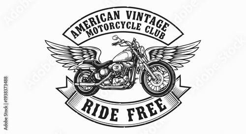 Vintage motorcycle with wings emblem symbolizing freedom and American heritage