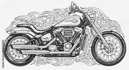 A detailed black and white illustration of a motorcycle surrounded by ornate swirls and patterns