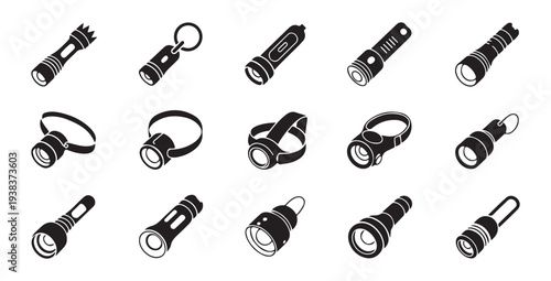 Flashlight icons set vector, simple black flashlight isolated on white background, different type of flashlights