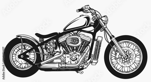 A black and white illustration of a motorcycle viewed from the side, showcasing its sleek design and detailed mechanical components.